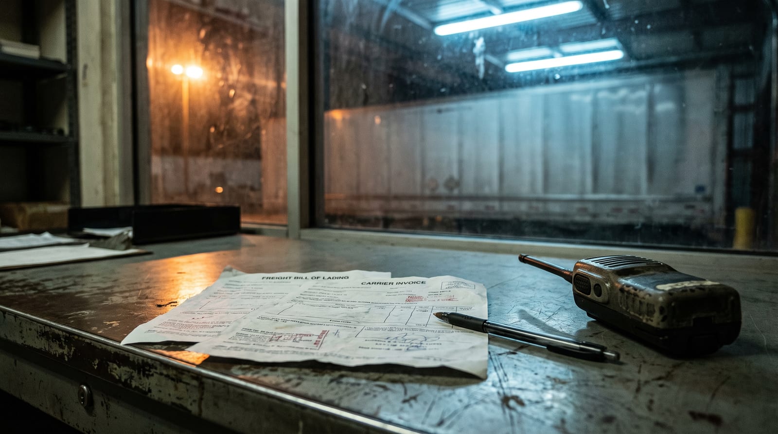 A freight bill of lading and a carrier invoice on a warehouse shipping-office desk, a truck trailer visible through the dock window behind