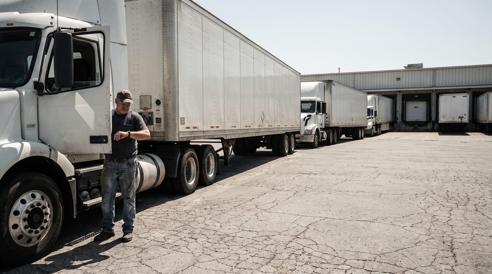 Three semi trucks lined up nose to tail waiting outside a warehouse dock at midday with every door occupied, a driver checking his watch